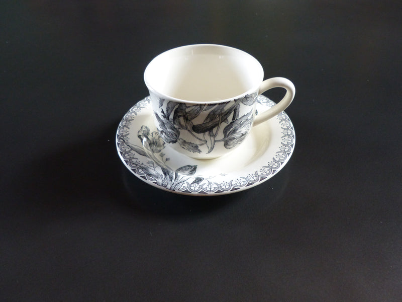 BLACK TULIPS - SET OF 2 BREAKFAST CUPS AND SAUCERS