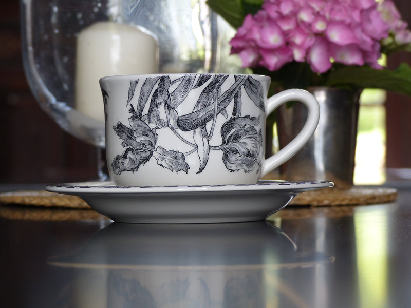 BLACK TULIPS - SET OF 2 BREAKFAST CUPS AND SAUCERS